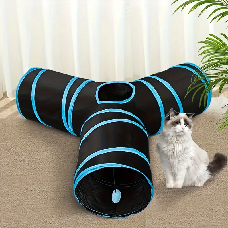 Foldable Polyester Cat Tunnel with Striped Pattern – 3-Way Interactive Y-Shaped Cat Teaser Toy for Climbing and Play