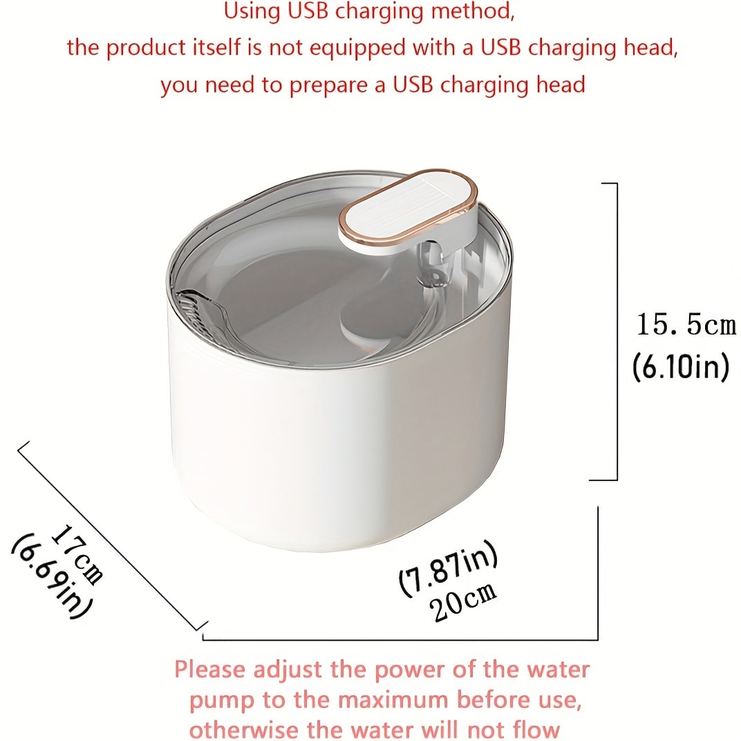 Super quiet pet water fountain with a 101oz/3L capacity, automatically shuts off when water is low, rechargeable via USB.