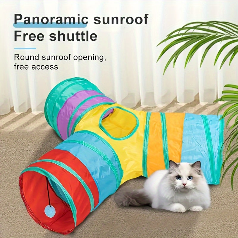 Foldable Polyester Cat Tunnel with Striped Pattern – 3-Way Interactive Y-Shaped Cat Teaser Toy for Climbing and Play