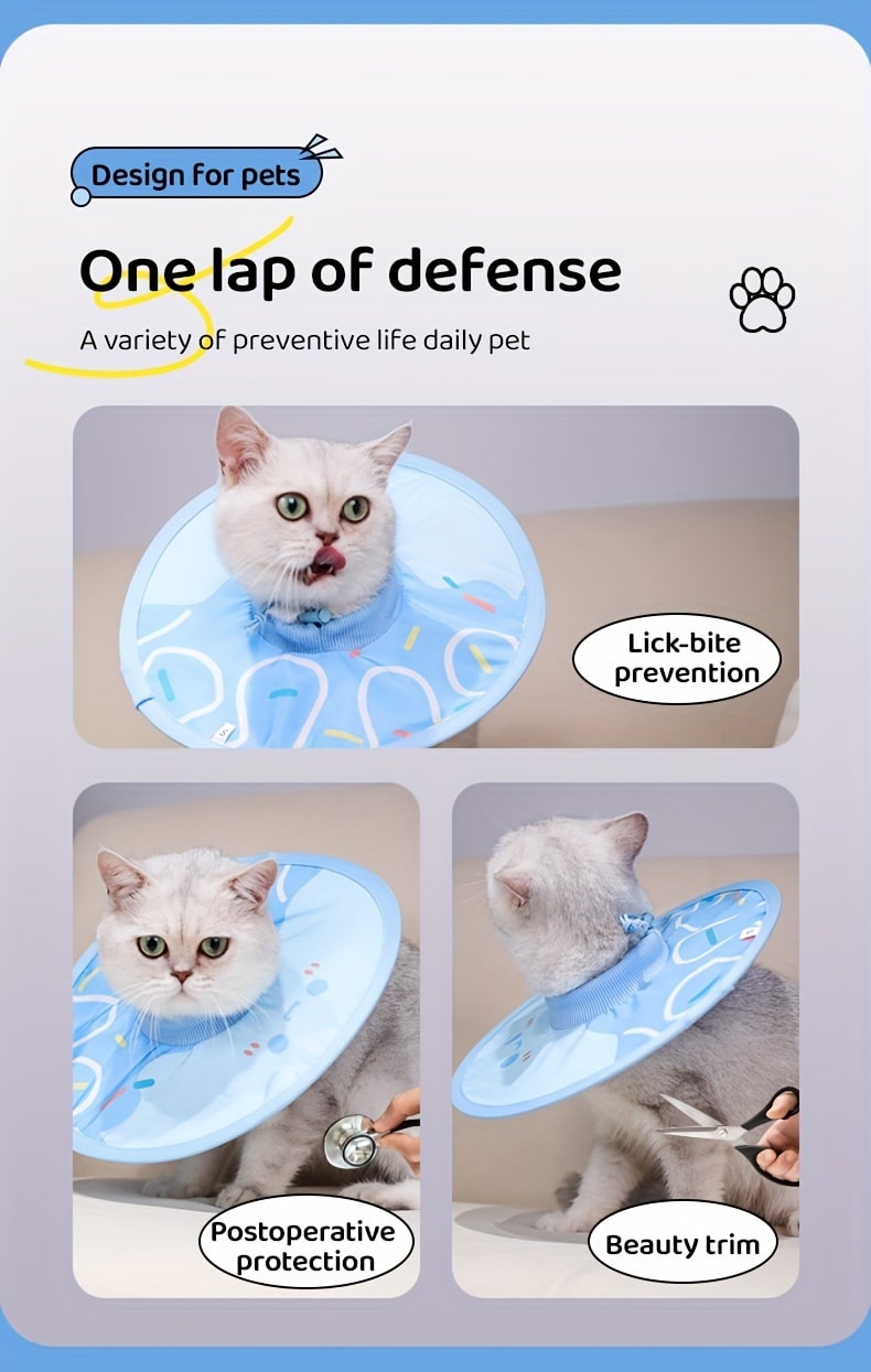 Cartoon Cat-Shaped Waterproof Recovery Collar - Protective Cone Made of Comfortable Polyester, Easy to Clean and Adjust, for Cats and Dogs Post-Surgery, Prevents Licking and Biting