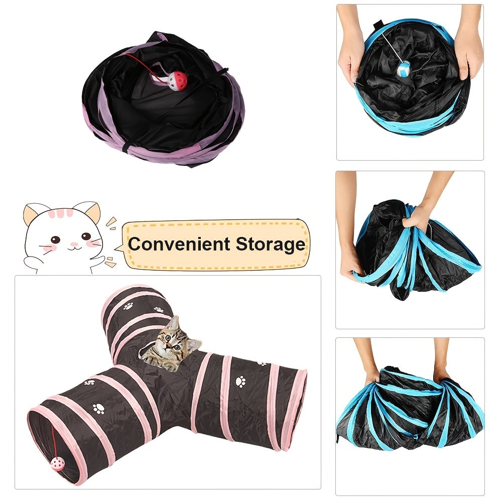 Foldable Polyester Cat Tunnel with Striped Pattern – 3-Way Interactive Y-Shaped Cat Teaser Toy for Climbing and Play