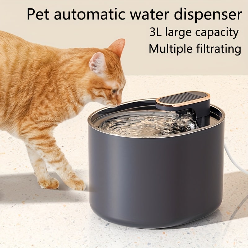 Super quiet pet water fountain with a 101oz/3L capacity, automatically shuts off when water is low, rechargeable via USB.