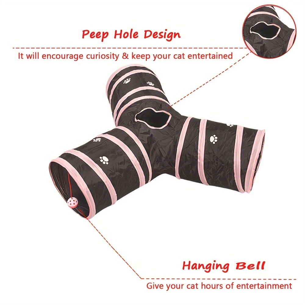 Foldable Polyester Cat Tunnel with Striped Pattern – 3-Way Interactive Y-Shaped Cat Teaser Toy for Climbing and Play