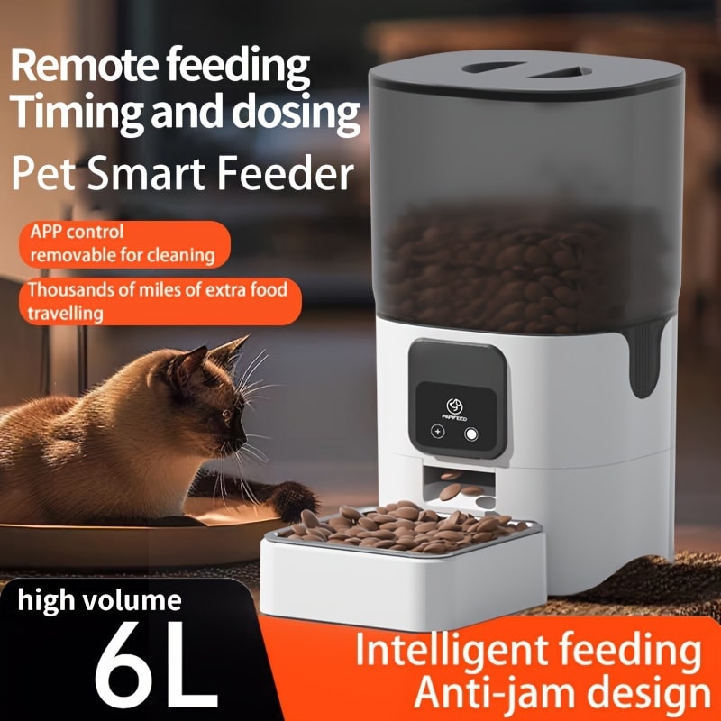 Automatic Pet Feeder for Cats and Dogs with 6L Capacity, WiFi Control, Meal Scheduling, Anti-Jam System, and Stainless Steel Bowl