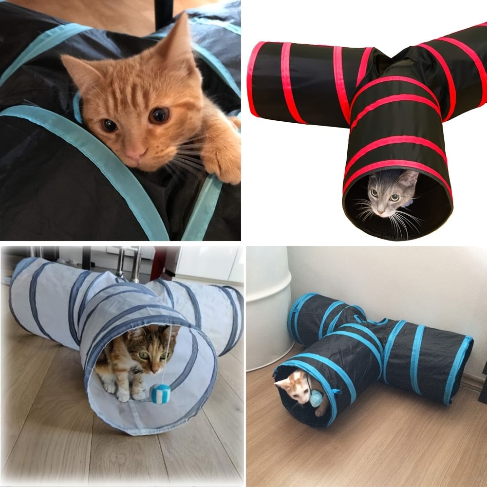 Foldable Polyester Cat Tunnel with Striped Pattern – 3-Way Interactive Y-Shaped Cat Teaser Toy for Climbing and Play