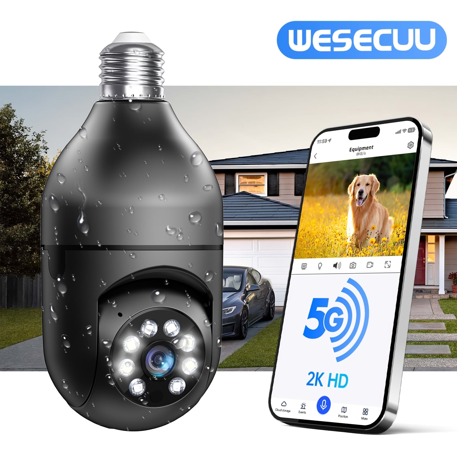 Pet Camera with Video and Audio, WiFi 5G/2.4GHz, Two-Way Talk, 360-Degree Motion Detection, Color Night Vision, Built-in Alarm, Works with Alexa.