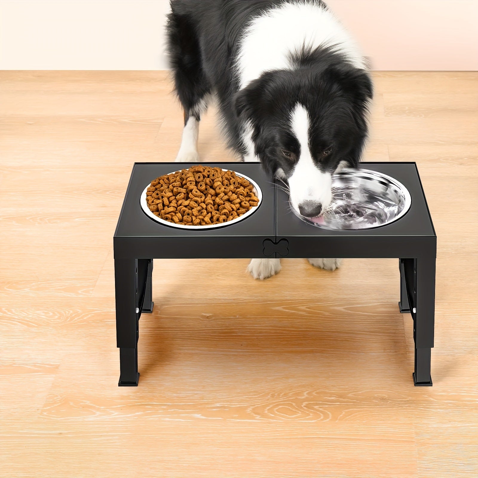 Foldable Elevated Dog Bowl with Stand and 2 Stainless Steel Bowls. Adjustable to 5 Height Levels, Suitable for Large, Medium, and Small Dogs and Cats. Features Non-Slip Base, Easy to Clean, and Convenient for Portability