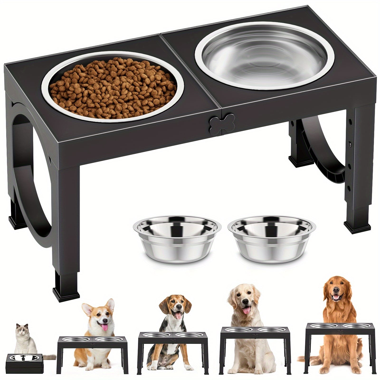 Foldable Elevated Dog Bowl with Stand and 2 Stainless Steel Bowls. Adjustable to 5 Height Levels, Suitable for Large, Medium, and Small Dogs and Cats. Features Non-Slip Base, Easy to Clean, and Convenient for Portability