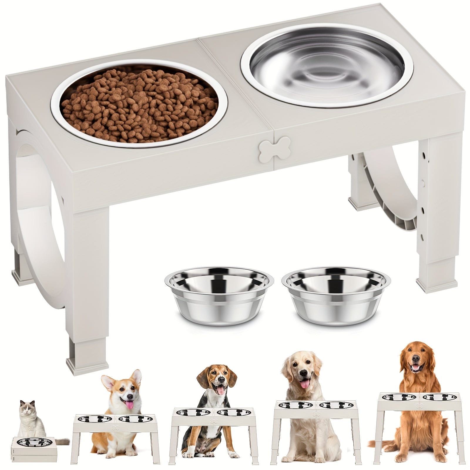 Foldable Elevated Dog Bowl with Stand and 2 Stainless Steel Bowls. Adjustable to 5 Height Levels, Suitable for Large, Medium, and Small Dogs and Cats. Features Non-Slip Base, Easy to Clean, and Convenient for Portability