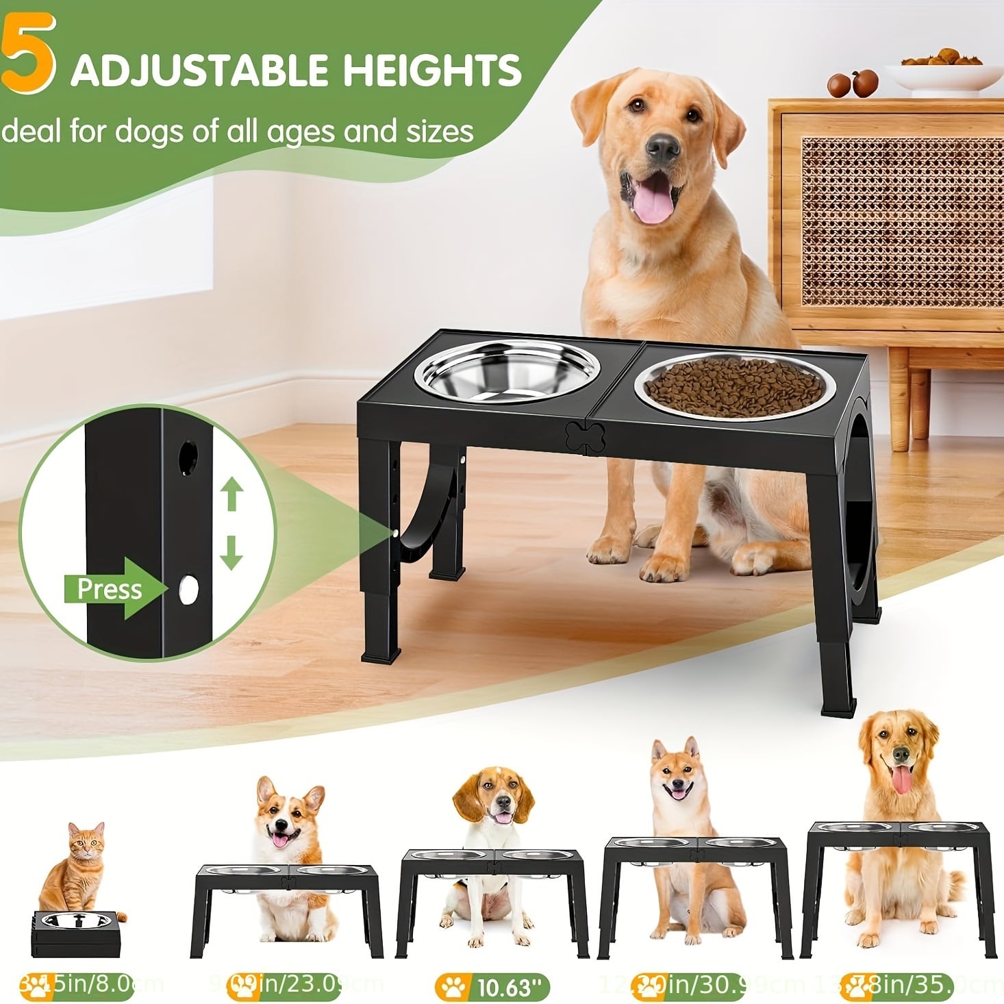 Foldable Elevated Dog Bowl with Stand and 2 Stainless Steel Bowls. Adjustable to 5 Height Levels, Suitable for Large, Medium, and Small Dogs and Cats. Features Non-Slip Base, Easy to Clean, and Convenient for Portability