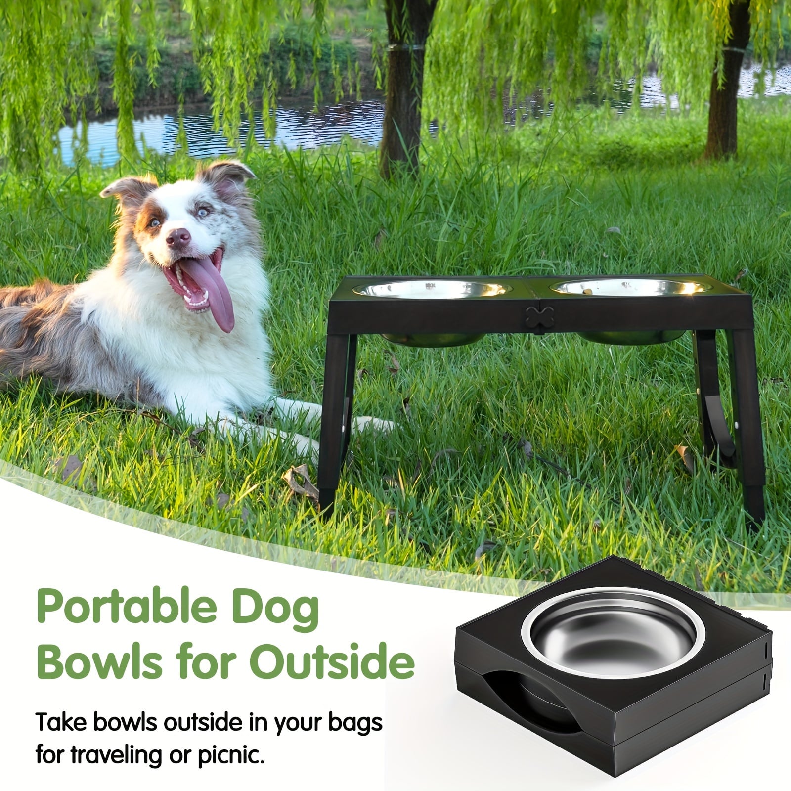 Foldable Elevated Dog Bowl with Stand and 2 Stainless Steel Bowls. Adjustable to 5 Height Levels, Suitable for Large, Medium, and Small Dogs and Cats. Features Non-Slip Base, Easy to Clean, and Convenient for Portability