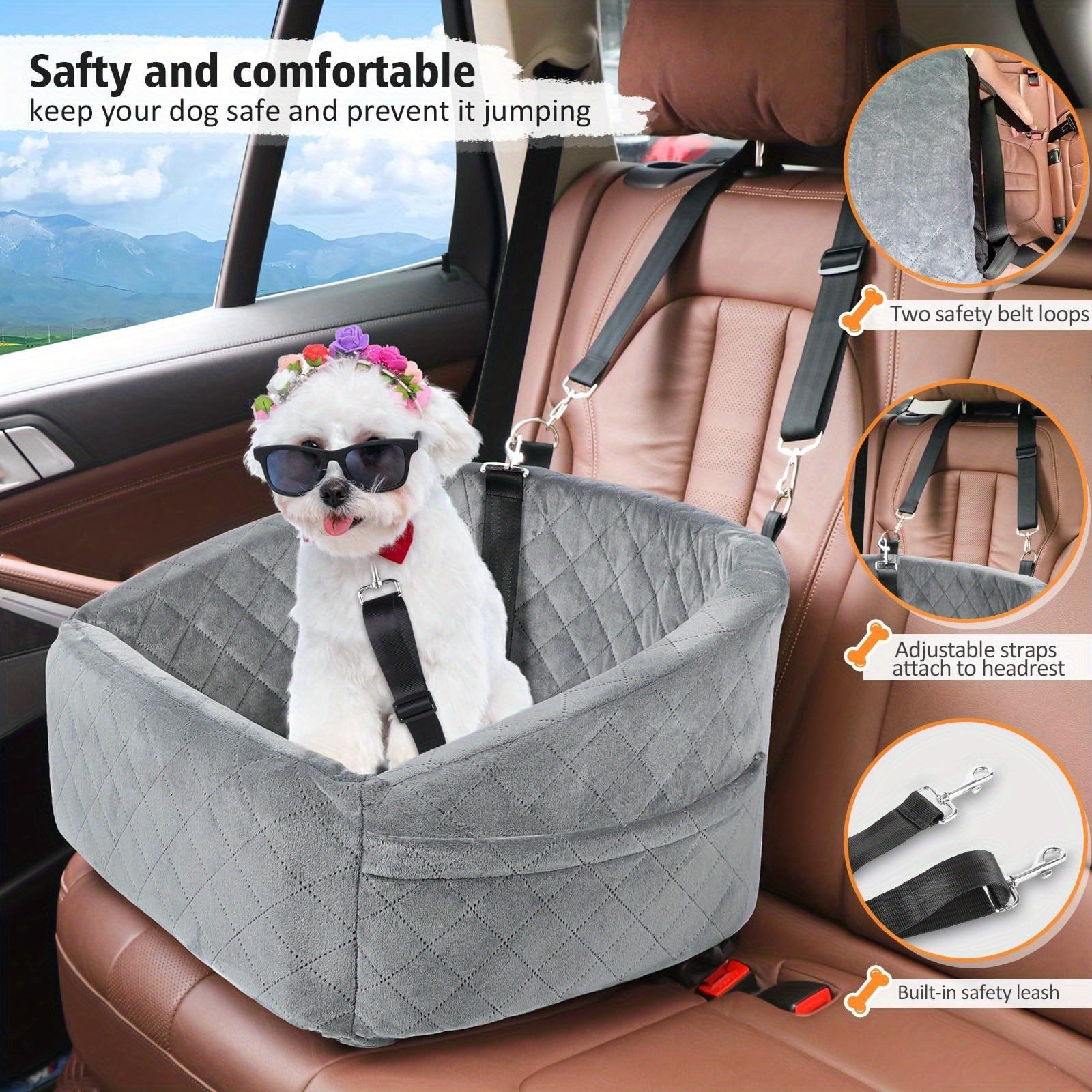 Booster Seat for Small and Medium Dogs Made of Memory Foam, Elevated Pet Car Seat with Washable Cover, Storage Pocket, and Travel Safety