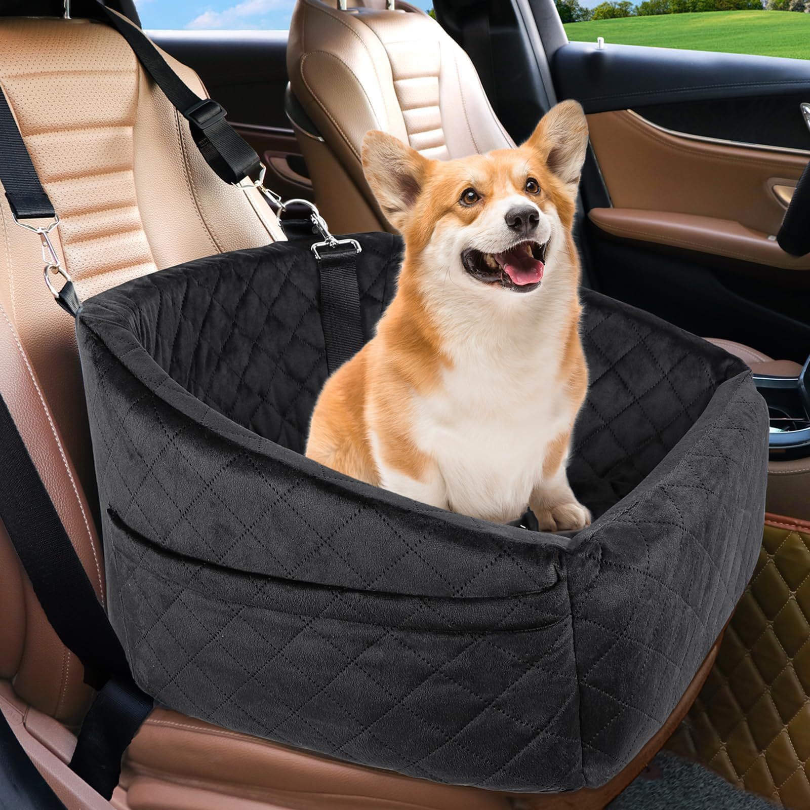 Booster Seat for Small and Medium Dogs Made of Memory Foam, Elevated Pet Car Seat with Washable Cover, Storage Pocket, and Travel Safety