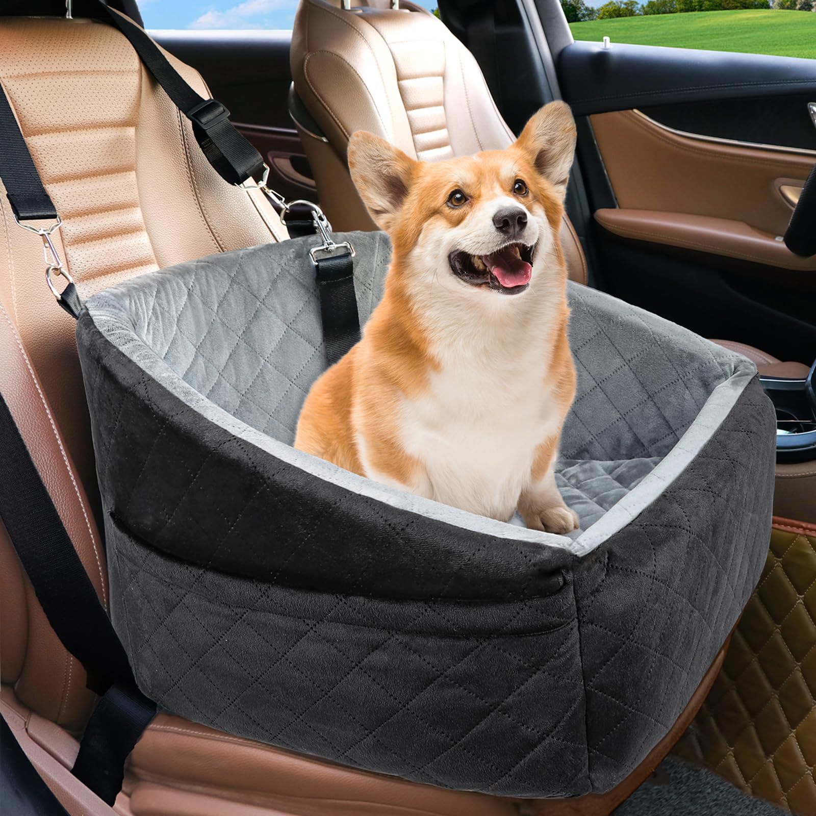 Booster Seat for Small and Medium Dogs Made of Memory Foam, Elevated Pet Car Seat with Washable Cover, Storage Pocket, and Travel Safety