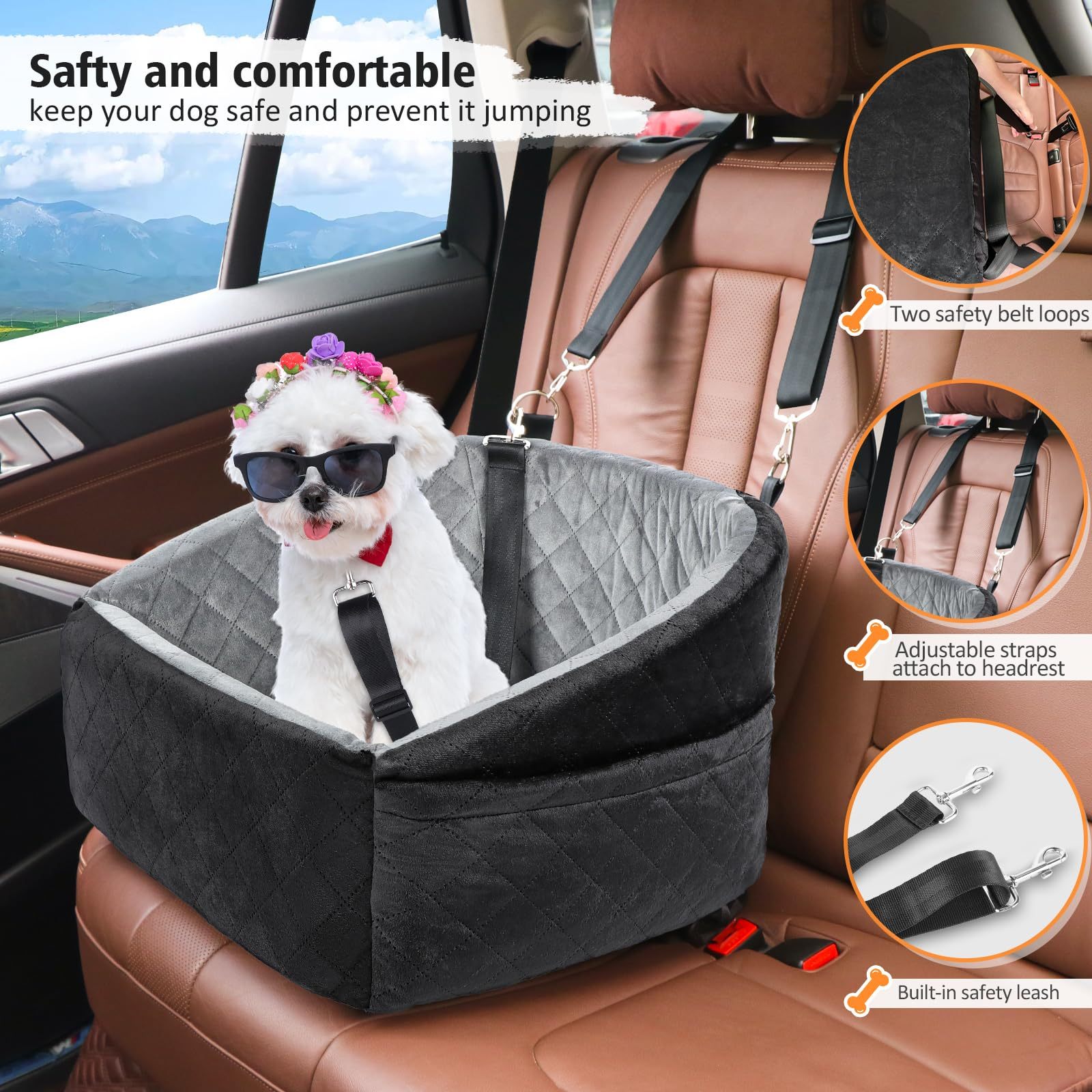 Booster Seat for Small and Medium Dogs Made of Memory Foam, Elevated Pet Car Seat with Washable Cover, Storage Pocket, and Travel Safety