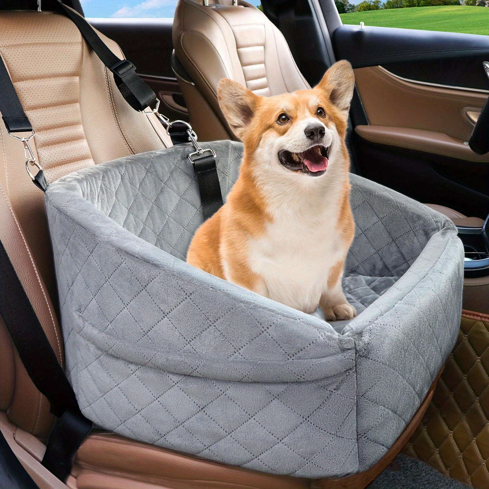 Booster Seat for Small and Medium Dogs Made of Memory Foam, Elevated Pet Car Seat with Washable Cover, Storage Pocket, and Travel Safety