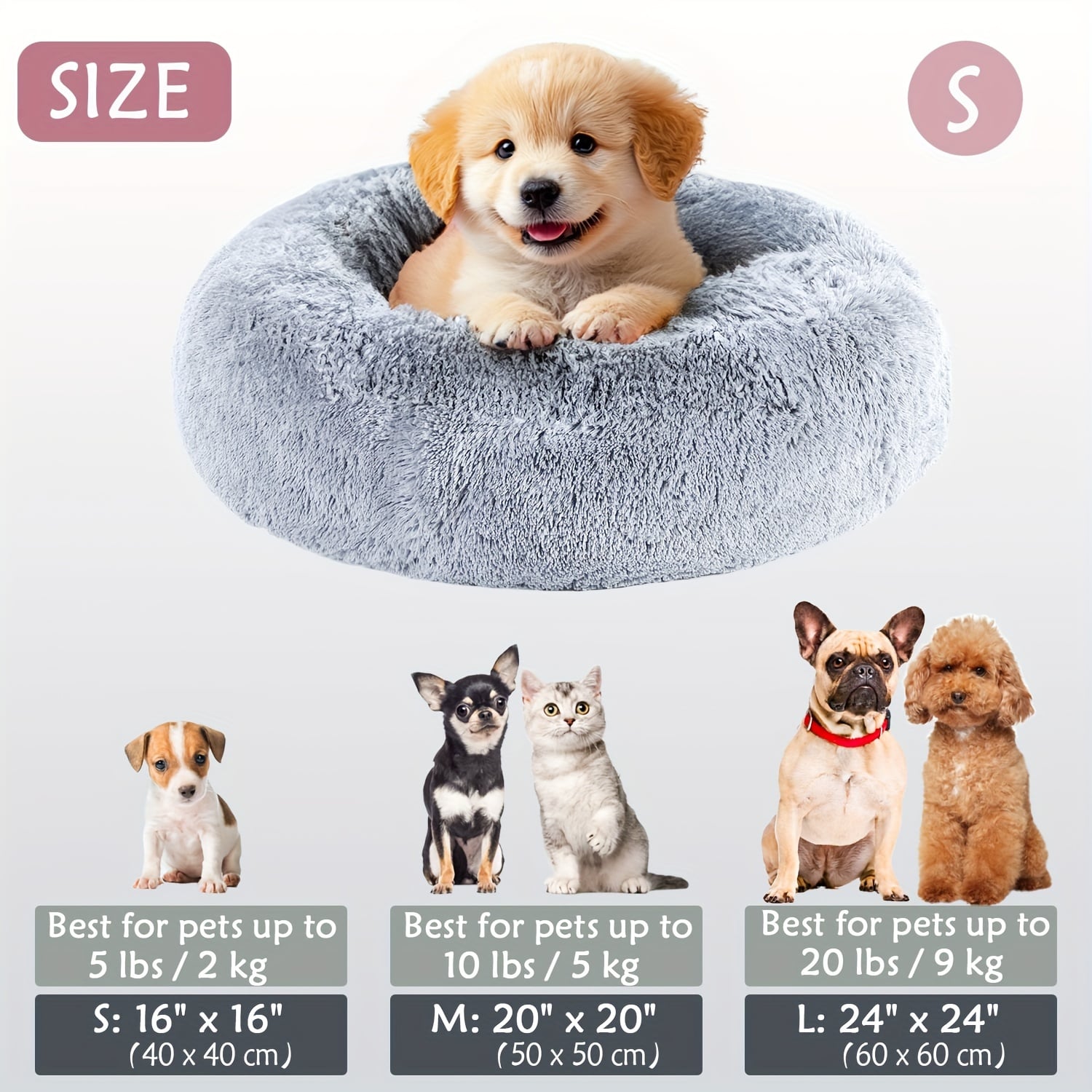 Round Plush Pet Bed - Made with Soft Faux Fur, Warm Cushion Padding, Non-Slip Base, Available in 6 Sizes, Multiple Colors - Suitable for Small, Medium, and Large Pets.