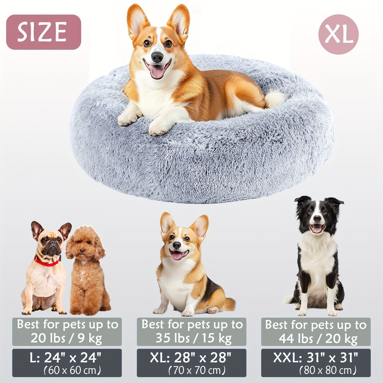 Round Plush Pet Bed - Made with Soft Faux Fur, Warm Cushion Padding, Non-Slip Base, Available in 6 Sizes, Multiple Colors - Suitable for Small, Medium, and Large Pets.