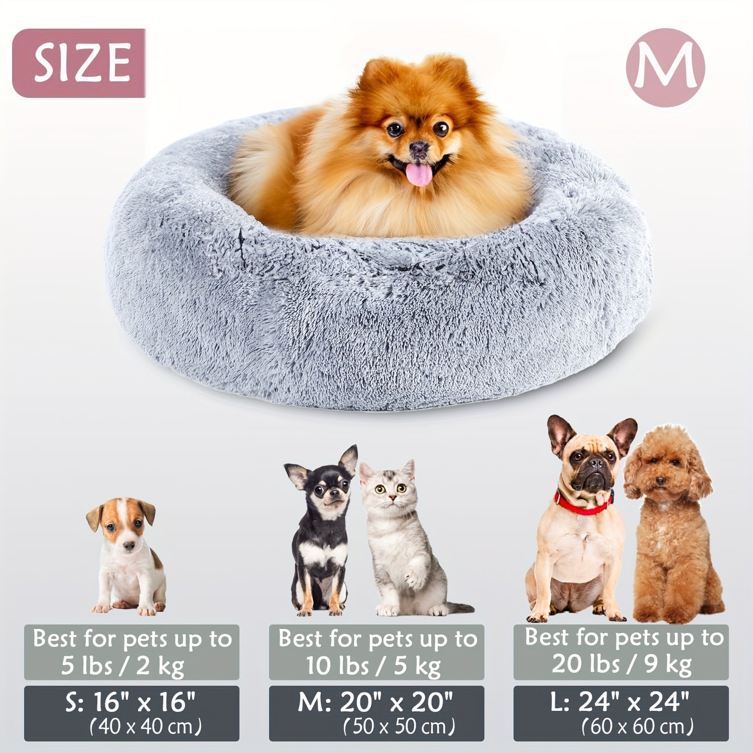 Round Plush Pet Bed - Made with Soft Faux Fur, Warm Cushion Padding, Non-Slip Base, Available in 6 Sizes, Multiple Colors - Suitable for Small, Medium, and Large Pets.