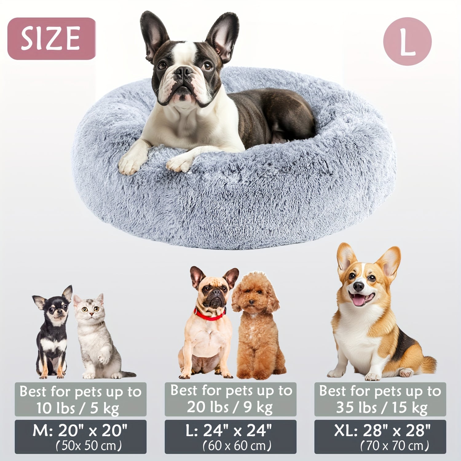 Round Plush Pet Bed - Made with Soft Faux Fur, Warm Cushion Padding, Non-Slip Base, Available in 6 Sizes, Multiple Colors - Suitable for Small, Medium, and Large Pets.