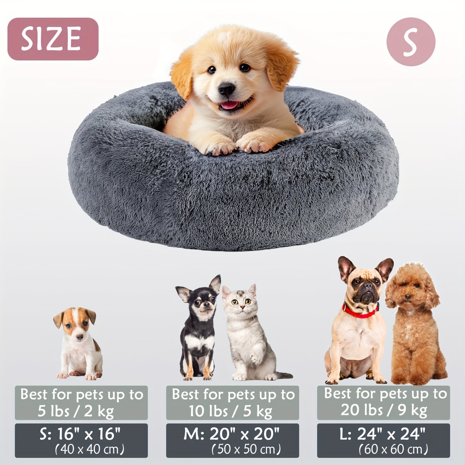 Round Plush Pet Bed - Made with Soft Faux Fur, Warm Cushion Padding, Non-Slip Base, Available in 6 Sizes, Multiple Colors - Suitable for Small, Medium, and Large Pets.