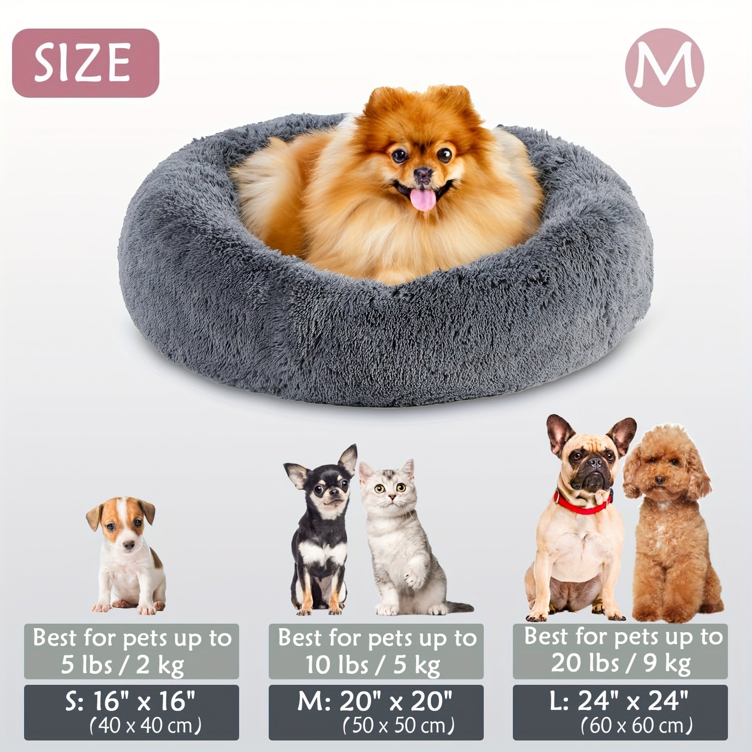 Round Plush Pet Bed - Made with Soft Faux Fur, Warm Cushion Padding, Non-Slip Base, Available in 6 Sizes, Multiple Colors - Suitable for Small, Medium, and Large Pets.