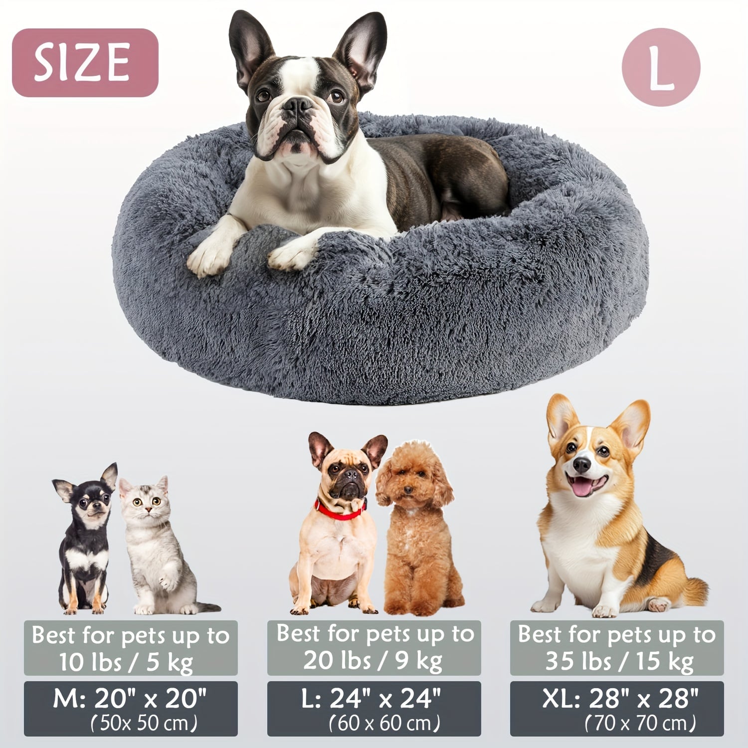 Round Plush Pet Bed - Made with Soft Faux Fur, Warm Cushion Padding, Non-Slip Base, Available in 6 Sizes, Multiple Colors - Suitable for Small, Medium, and Large Pets.