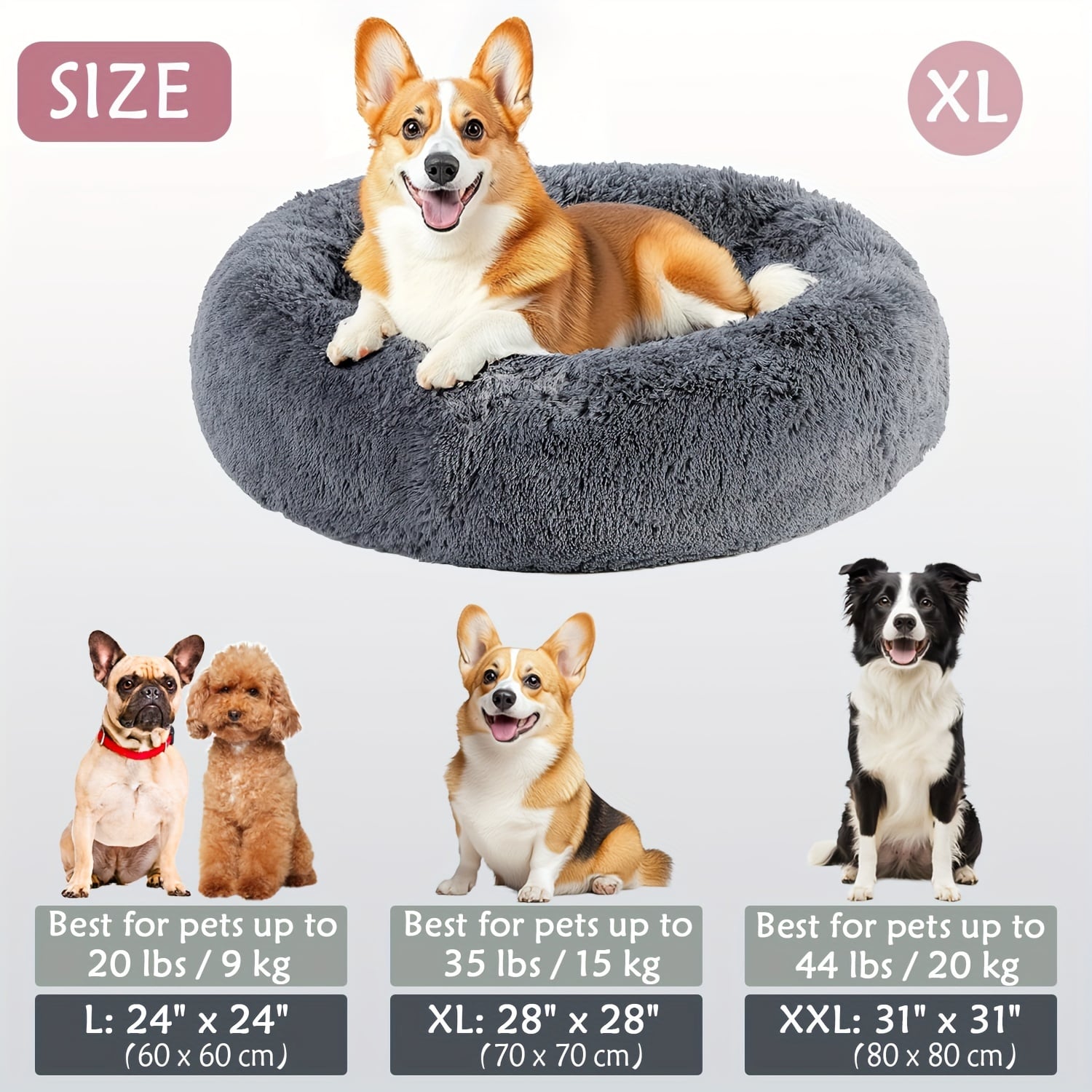 Round Plush Pet Bed - Made with Soft Faux Fur, Warm Cushion Padding, Non-Slip Base, Available in 6 Sizes, Multiple Colors - Suitable for Small, Medium, and Large Pets.