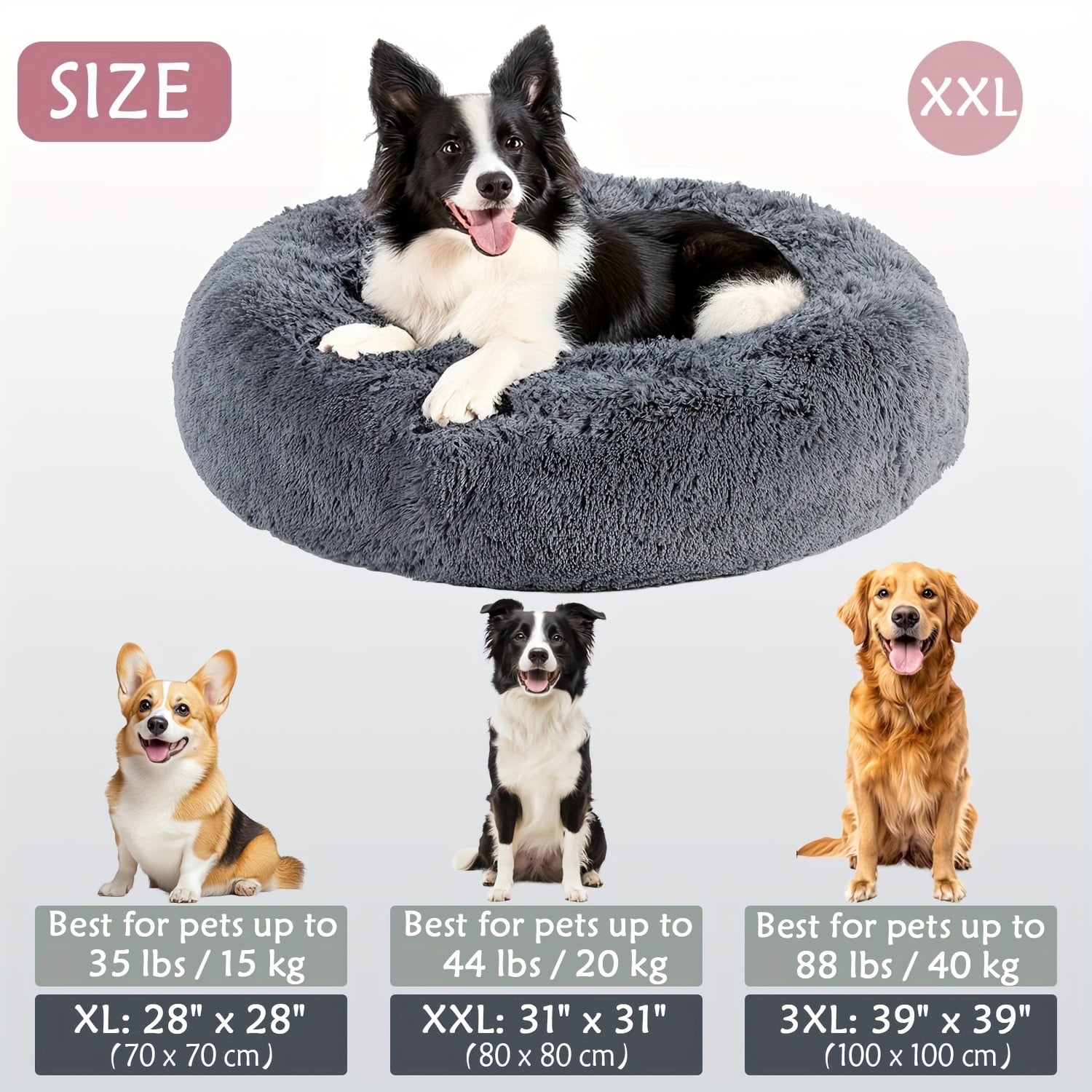 Round Plush Pet Bed - Made with Soft Faux Fur, Warm Cushion Padding, Non-Slip Base, Available in 6 Sizes, Multiple Colors - Suitable for Small, Medium, and Large Pets.