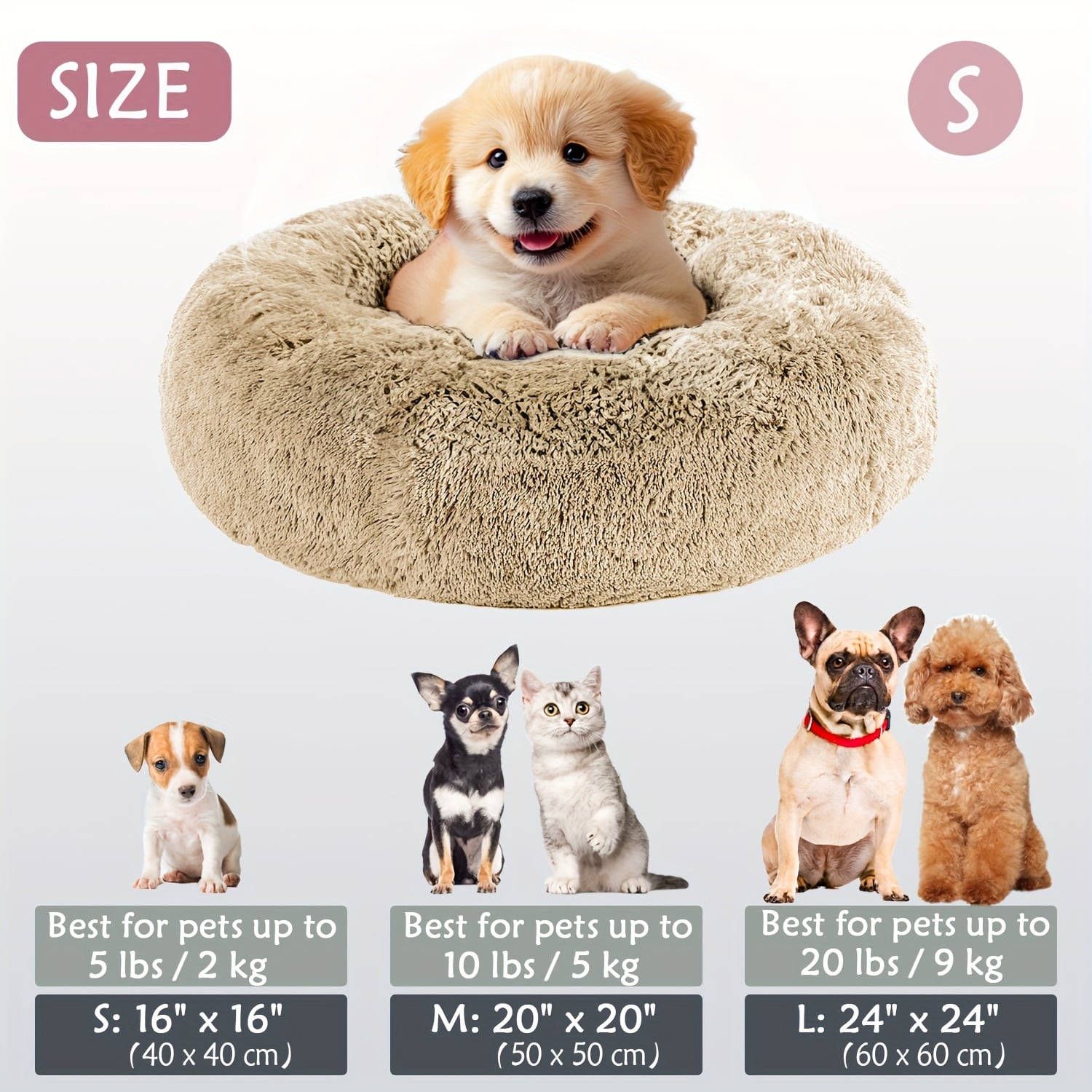 Round Plush Pet Bed - Made with Soft Faux Fur, Warm Cushion Padding, Non-Slip Base, Available in 6 Sizes, Multiple Colors - Suitable for Small, Medium, and Large Pets.