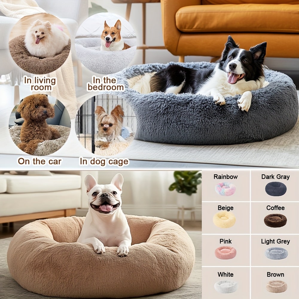 Round Plush Pet Bed - Made with Soft Faux Fur, Warm Cushion Padding, Non-Slip Base, Available in 6 Sizes, Multiple Colors - Suitable for Small, Medium, and Large Pets.