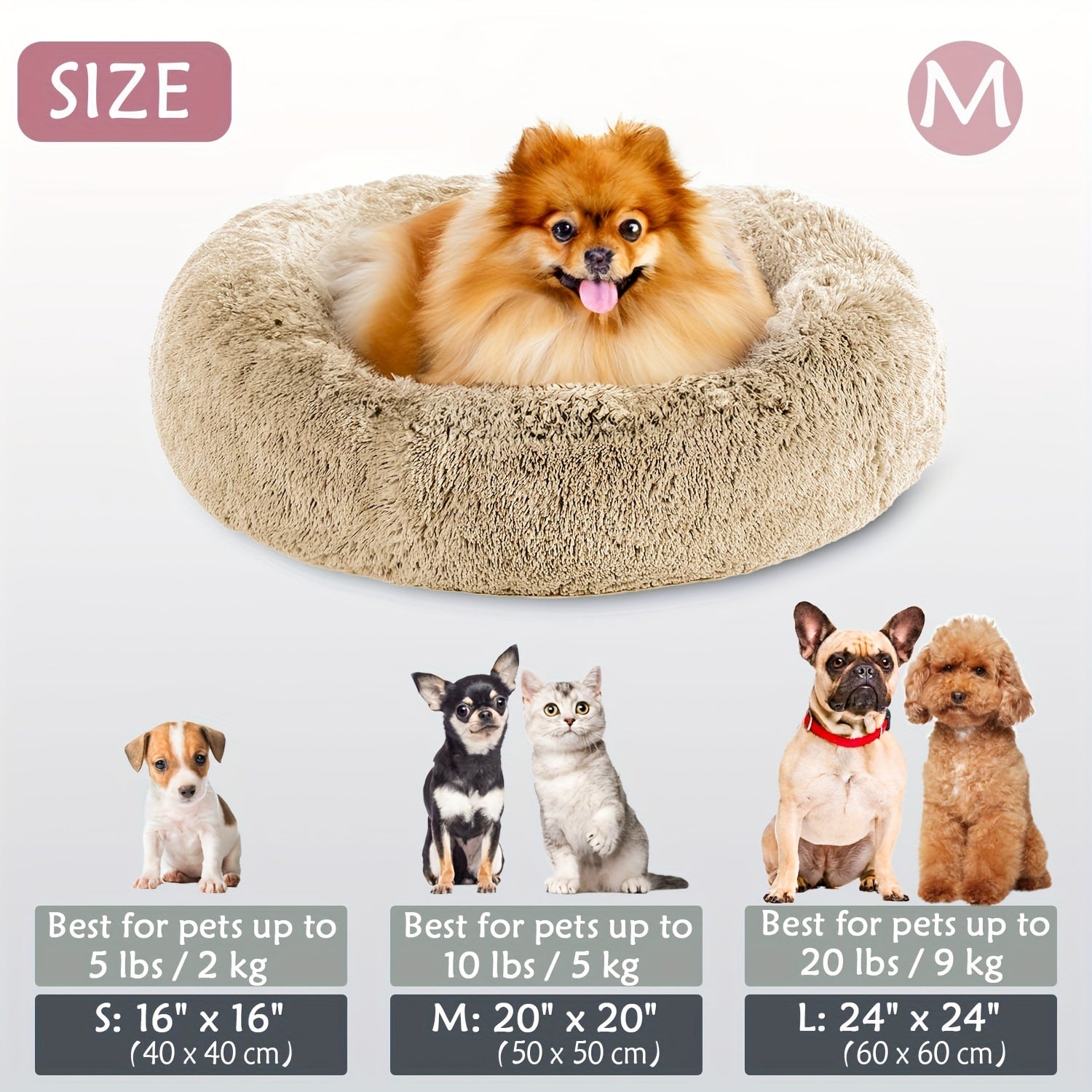 Round Plush Pet Bed - Made with Soft Faux Fur, Warm Cushion Padding, Non-Slip Base, Available in 6 Sizes, Multiple Colors - Suitable for Small, Medium, and Large Pets.