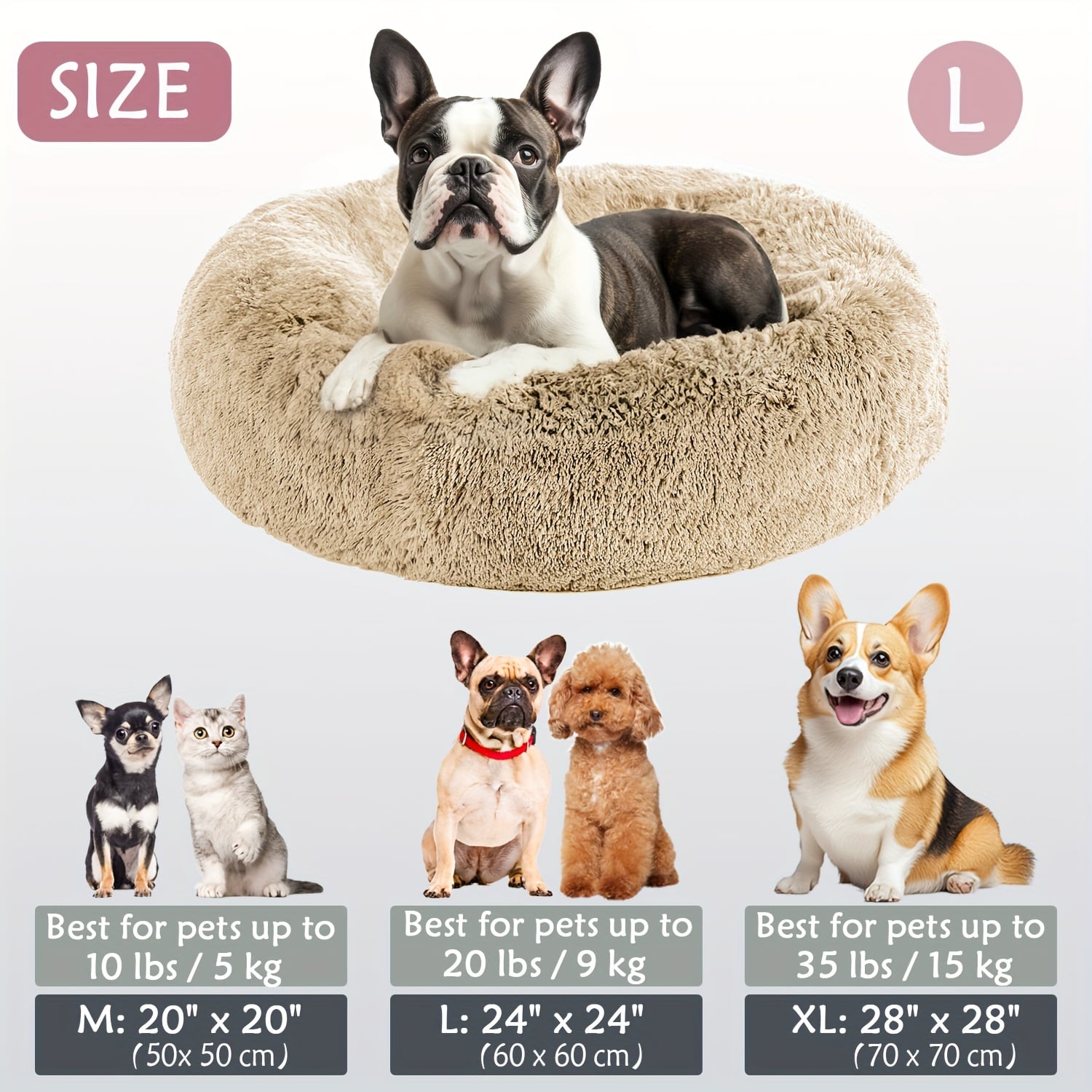 Round Plush Pet Bed - Made with Soft Faux Fur, Warm Cushion Padding, Non-Slip Base, Available in 6 Sizes, Multiple Colors - Suitable for Small, Medium, and Large Pets.