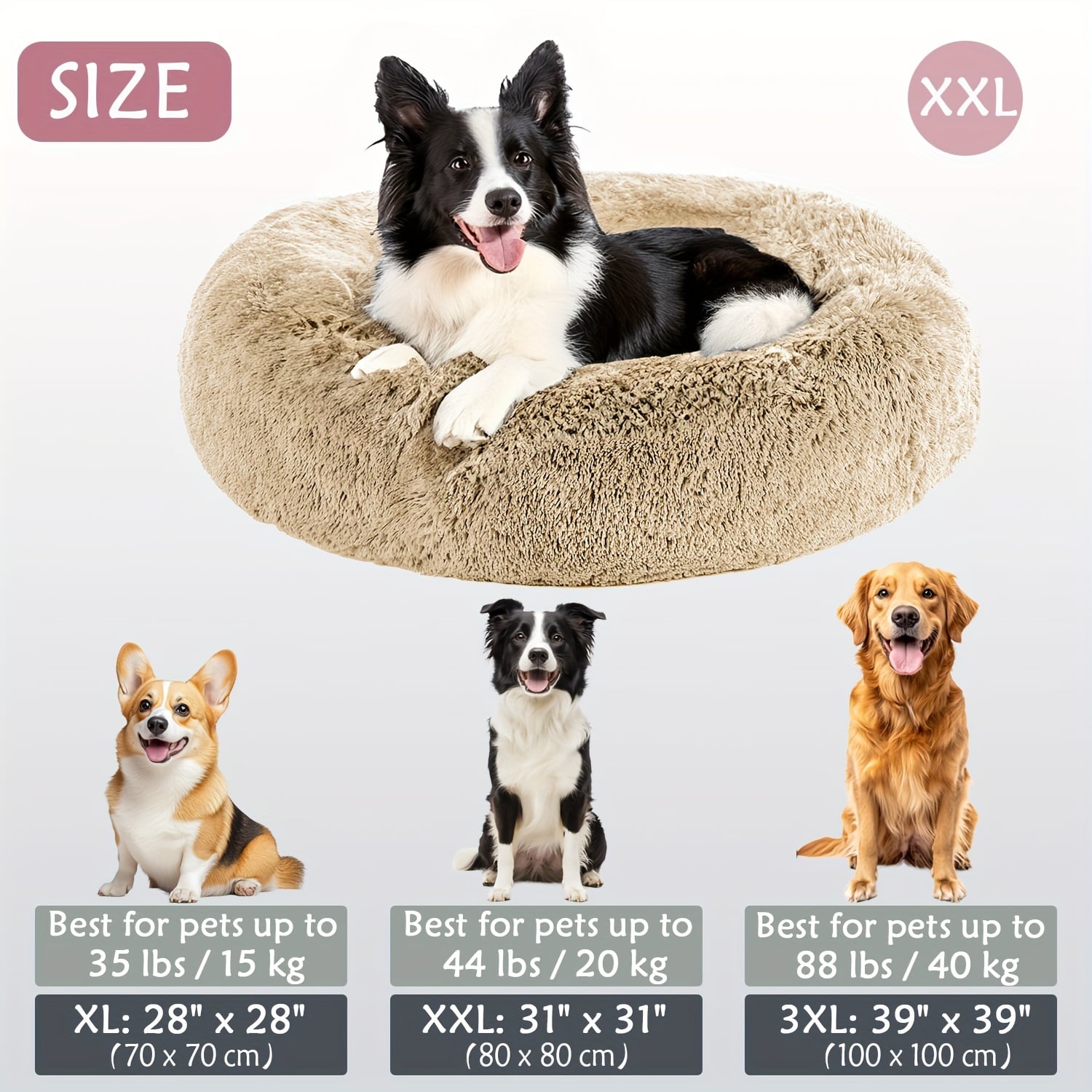 Round Plush Pet Bed - Made with Soft Faux Fur, Warm Cushion Padding, Non-Slip Base, Available in 6 Sizes, Multiple Colors - Suitable for Small, Medium, and Large Pets.