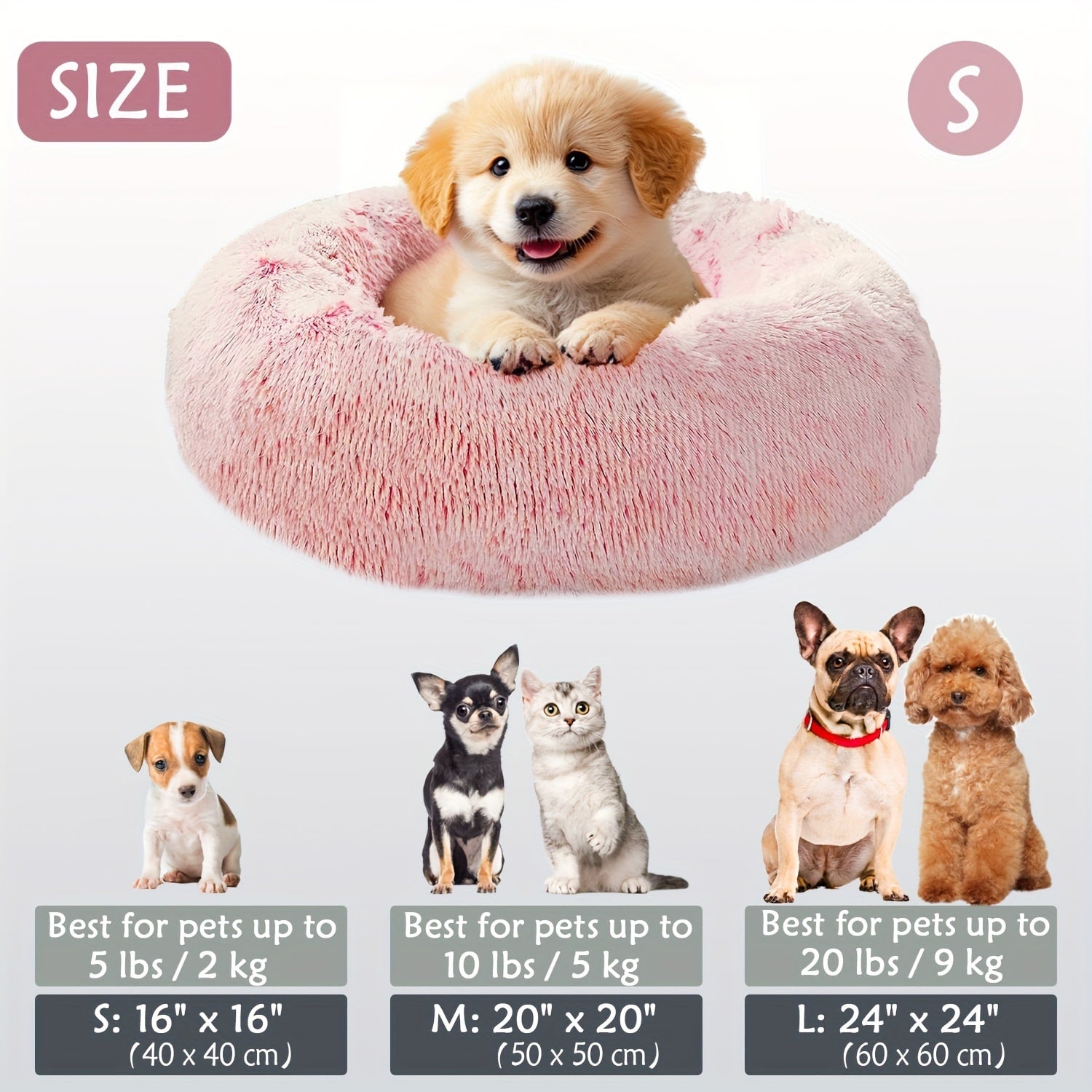 Round Plush Pet Bed - Made with Soft Faux Fur, Warm Cushion Padding, Non-Slip Base, Available in 6 Sizes, Multiple Colors - Suitable for Small, Medium, and Large Pets.