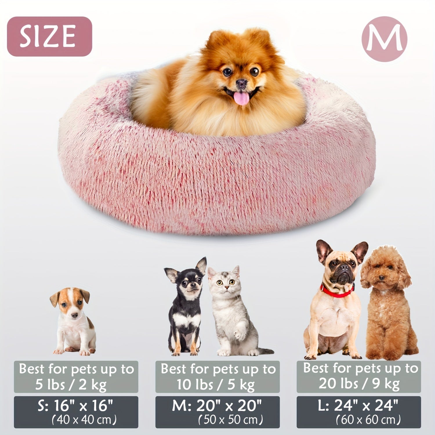 Round Plush Pet Bed - Made with Soft Faux Fur, Warm Cushion Padding, Non-Slip Base, Available in 6 Sizes, Multiple Colors - Suitable for Small, Medium, and Large Pets.