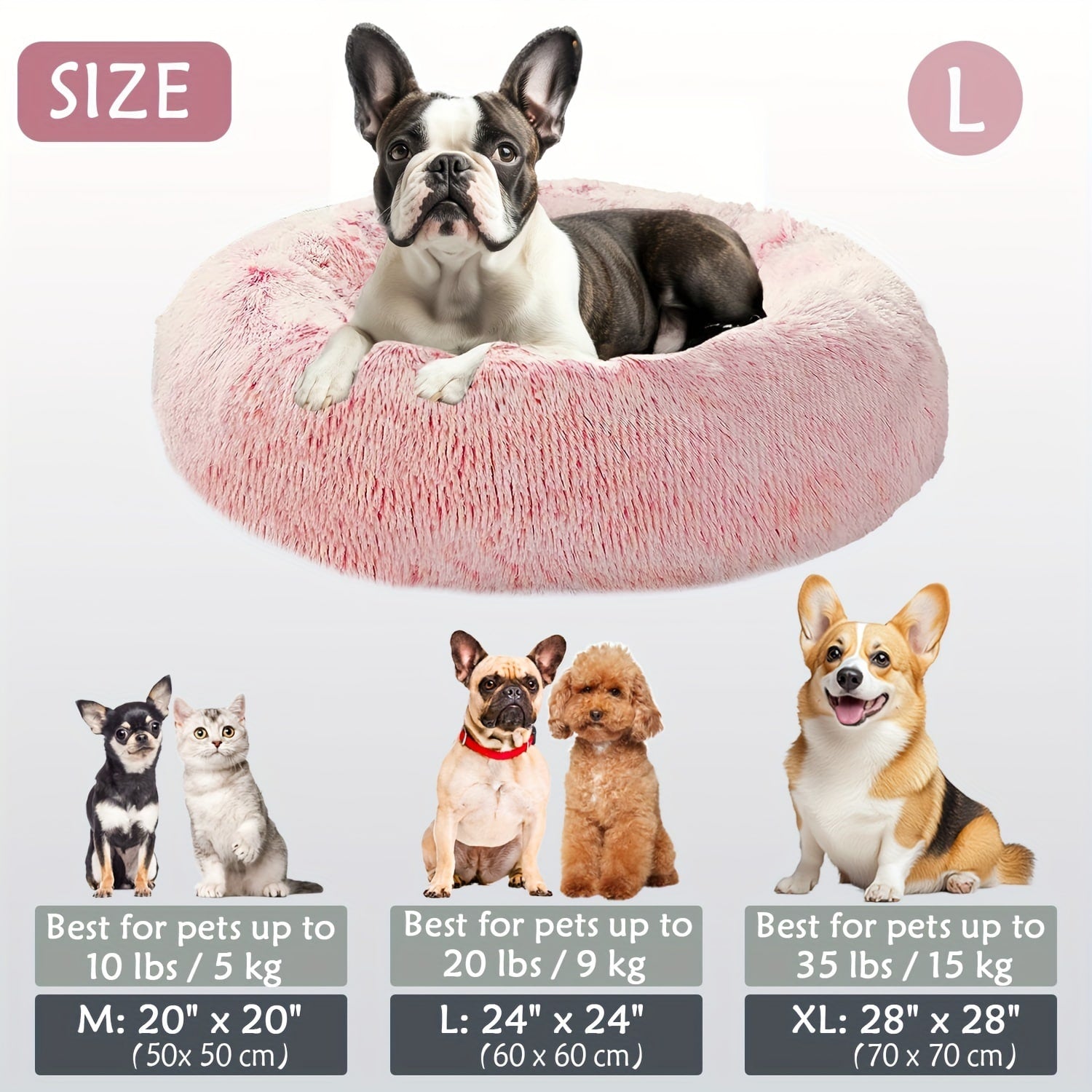 Round Plush Pet Bed - Made with Soft Faux Fur, Warm Cushion Padding, Non-Slip Base, Available in 6 Sizes, Multiple Colors - Suitable for Small, Medium, and Large Pets.