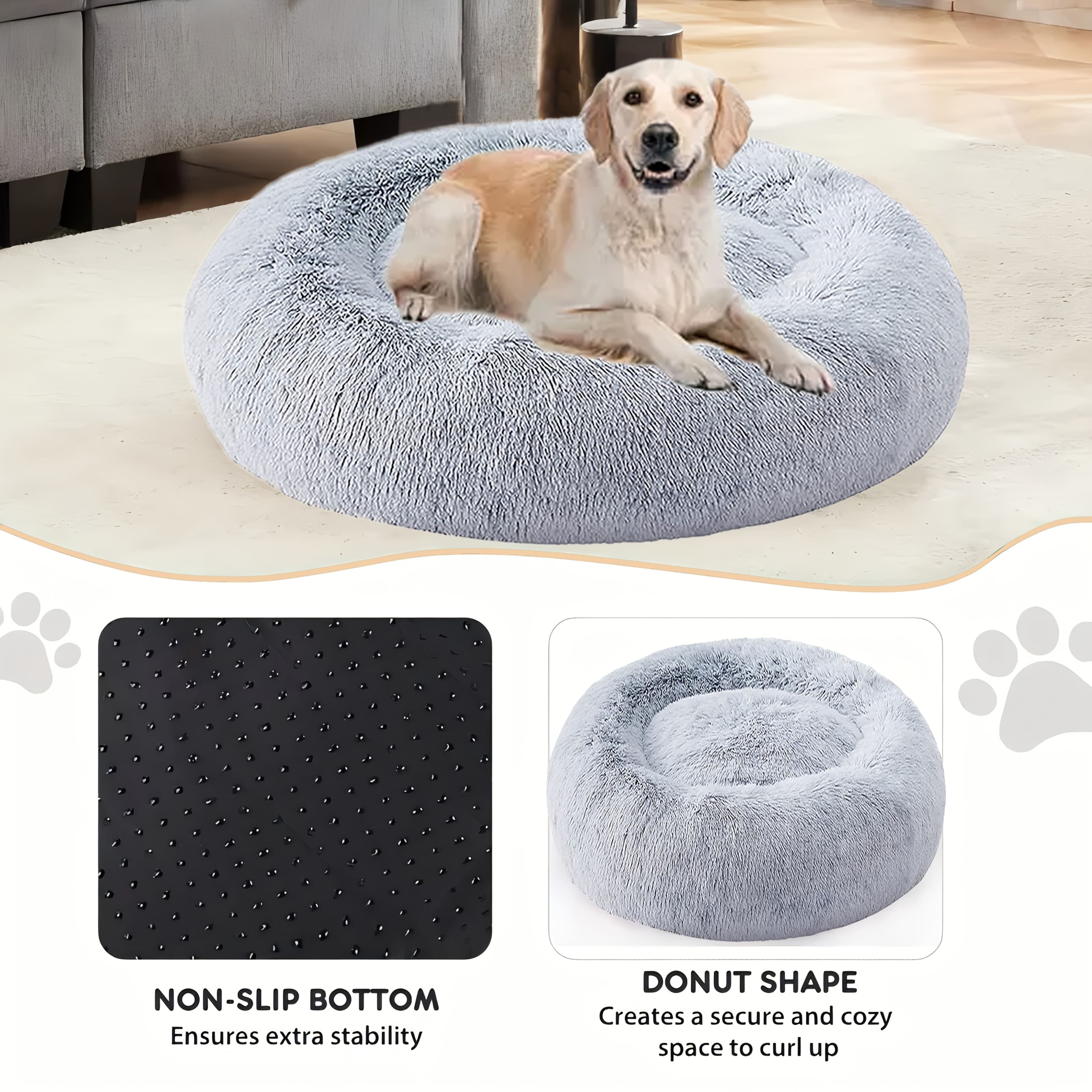 Round Plush Pet Bed - Made with Soft Faux Fur, Warm Cushion Padding, Non-Slip Base, Available in 6 Sizes, Multiple Colors - Suitable for Small, Medium, and Large Pets.