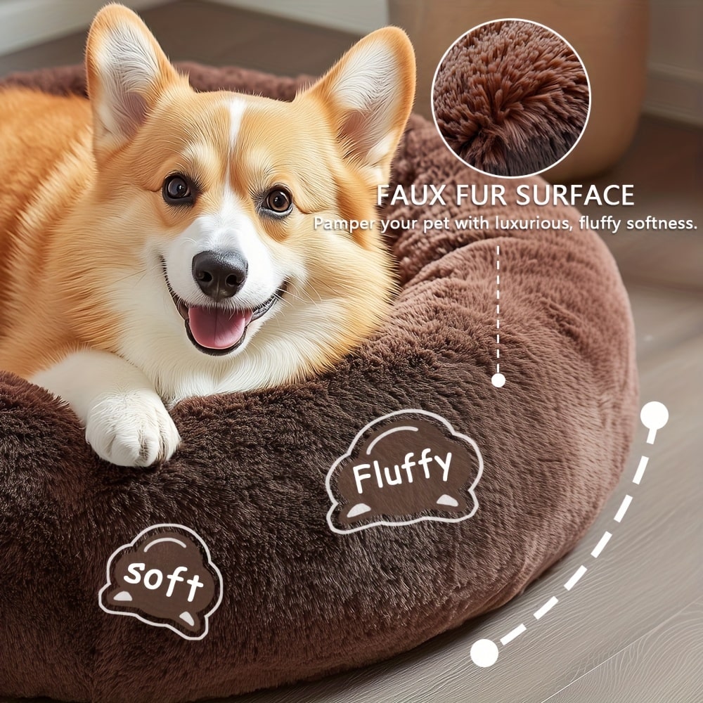 Round Plush Pet Bed - Made with Soft Faux Fur, Warm Cushion Padding, Non-Slip Base, Available in 6 Sizes, Multiple Colors - Suitable for Small, Medium, and Large Pets.