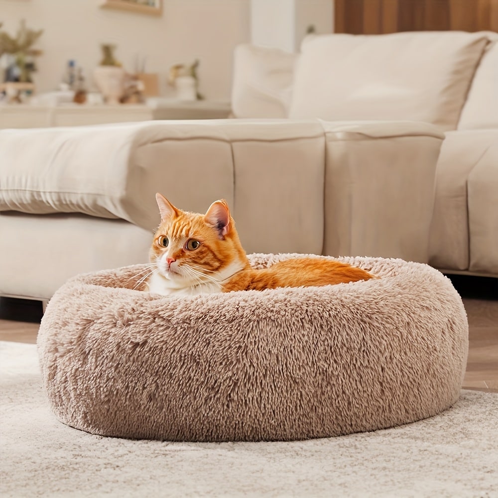 Round Plush Pet Bed - Made with Soft Faux Fur, Warm Cushion Padding, Non-Slip Base, Available in 6 Sizes, Multiple Colors - Suitable for Small, Medium, and Large Pets.